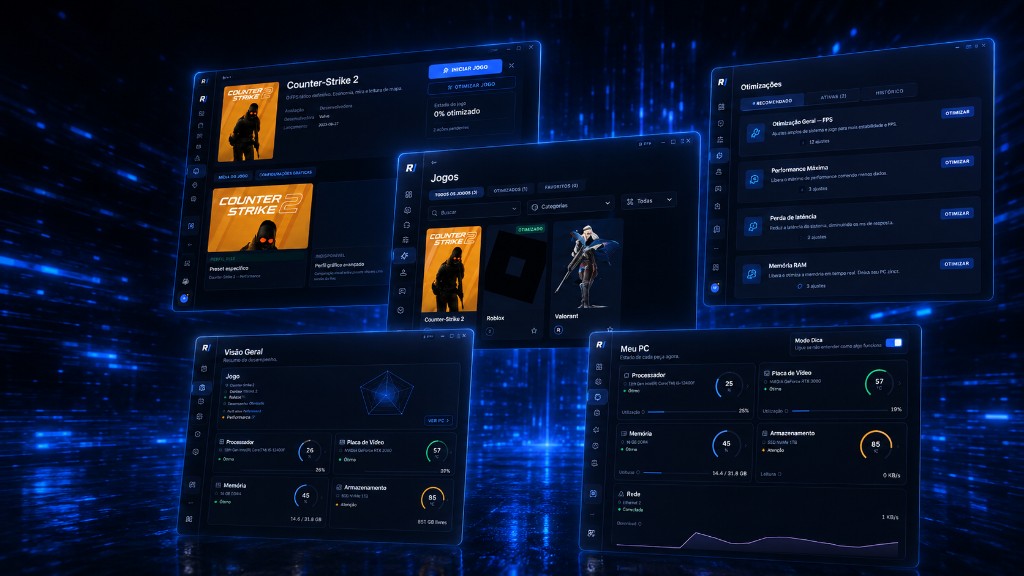 Telas do Rise 2.0: painel, ajustes, jogos e monitoramento